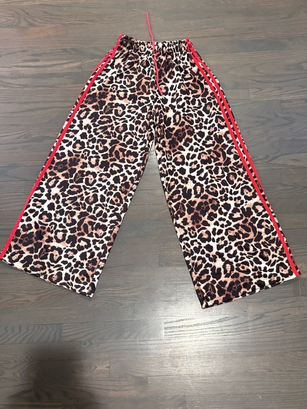 Leopard Print Wide Leg Draw String Sweat Pants with Red Stripe